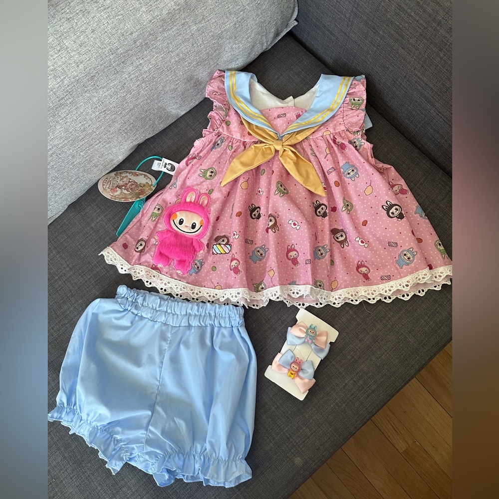 New Labubu Handmade Cotton Jumper Dress Sailors Collar 3pcs Set kids Sz 2T